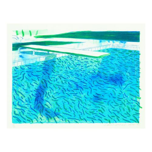 David Hockney, Lithograph Of Water Made Of Thick And Thin Lines, A Green Wash, A Light Blue Wash, And A Dark Blue Wash