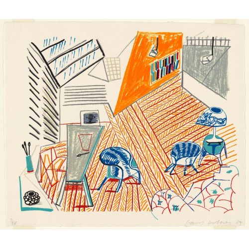 David Hockney, Pembroke Studio With Blue Chairs And Lamp 1984 David Hockney, Pembroke Studio With Blue Chairs And Lamp 1984
