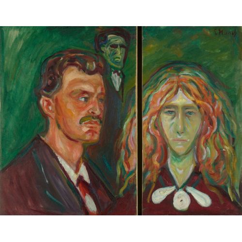 Edvard Munch, Self Portrait Against A Green Background And Caricature Portrait Of Tulla Larsen Expressionism Edvard Munch Self Portrait Against A Green Background And Caricature Portrait Of Tulla Larsen Expressionism Art Movements Canvas