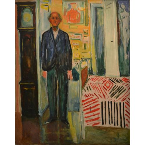 Edvard Munch Otoportre Saat Ve Yatak Arasında Portreler Edvard Munch Otoportre Saat Ve Yatak Arasında Dışavurumculuk Sanat Akımları Kanvas Efektli Tablo, Resim Kağıdı Baskısı