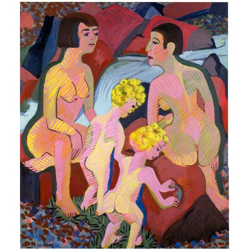 Ernst Ludwig Kirchner, Banyo Yapan Kadınlar Ve Çocuklar Dışavurumculuk Sanat Akımları Kanvas Efektli Tablo, Resim Kağıdı