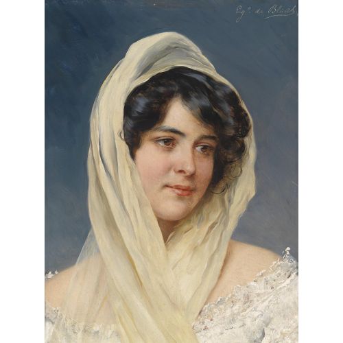 Eugene De Blaas Portrait Of A Young Lady With Veil Classicism Art Movements Canvas, Drawing Paper Prints, Reproduction Oil