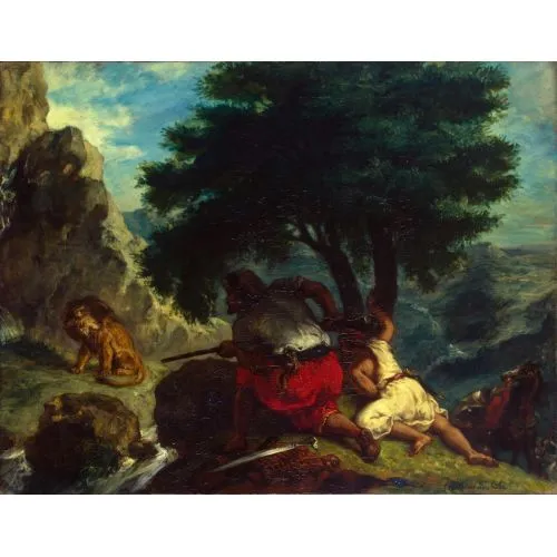 Eugène Delacroix, Fasta Aslan Avı Romantizm Sanat Akımları Eugène Delacroix, Fasta Aslan Avı, Romantizm, adlı tabloyu