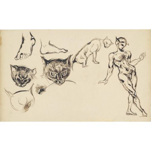 Eugene Delacroix, Studies Of Cats' Heads And Of A Standing Figure Of A Devil Eugene Delacroix, Studies Of Cats' Heads And Of A Standing Figure Of A Devil