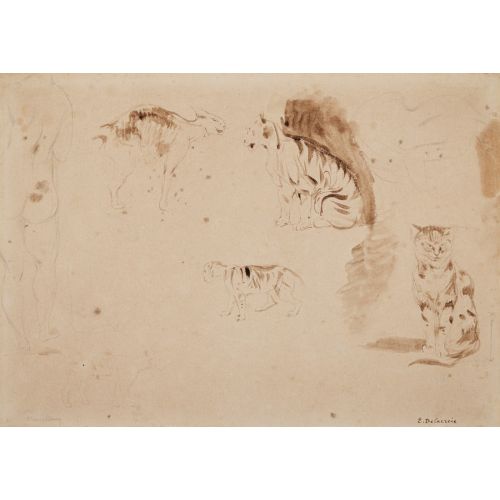 Eugene Delacroix, Studies Of Cats Other Felines And Two Female Nudes Seen From Behind Romance Eugène Delacroix, Studies of cats other felines and two female nudes seen from behind Romance Art Movements Eugène Delacroix