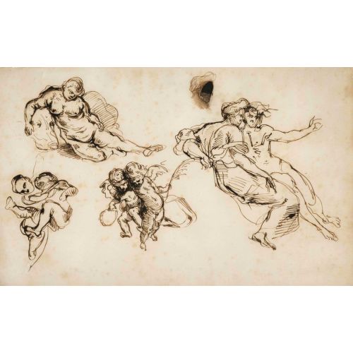 Eugene Delacroix, İki Figür Ve İki Putto İle Uyuyan Bir Çiftin Çalışma Sayfası
