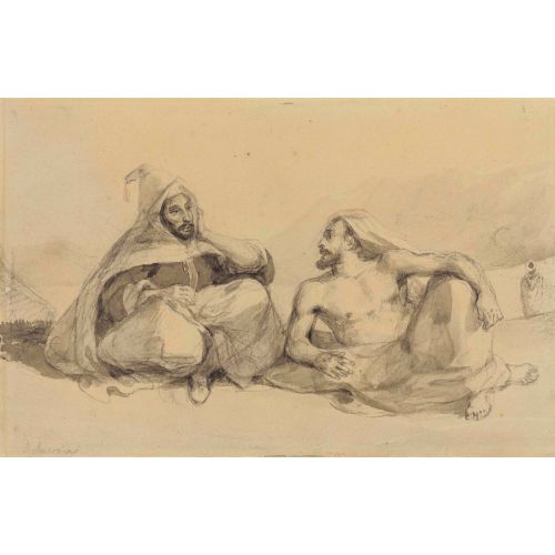 Eugene Delacroix, Two Seated Moroccans In A Mountainous Landscape Eugene Delacroix, Two Seated Moroccans In A Mountainous Landscape