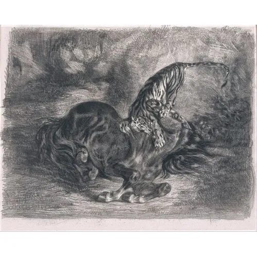 Eugene Delacroix, Cheval Sauvage Terrasse Par Un Tigre Romance Eugène Delacroix, Cheval sauvage terrassé par un Tigre Romance Art Movements Eugène Delacroix, Cheval sauvage terrassé par un