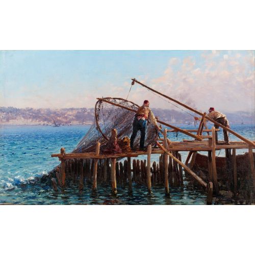 Fausto Zonaro Fishermen Bringing In The Catch Realism Art Movements Canvas, Drawing Paper Prints, Reproduction Oil Painting and