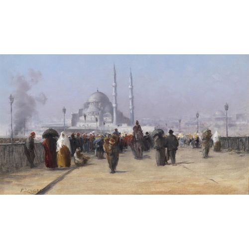 Fausto Zonaro Galata Bridge Realism Art Movements Canvas, Drawing Paper Prints, Reproduction Oil Painting and High Resolution
