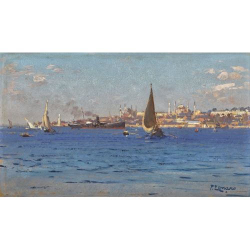 Fausto Zonaro A Boat In Bosphorus Istanbul Realism Art Movements Canvas, Drawing Paper Prints, Reproduction Oil Painting and High