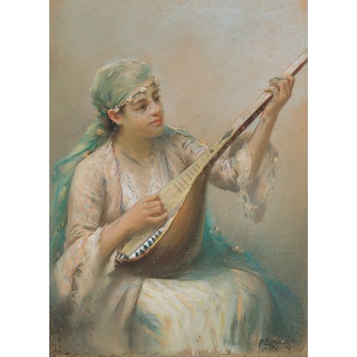 Fausto Zonaro, Woman Playing A String Instrument Fausto Zonaro, Woman Playing A String Instrument