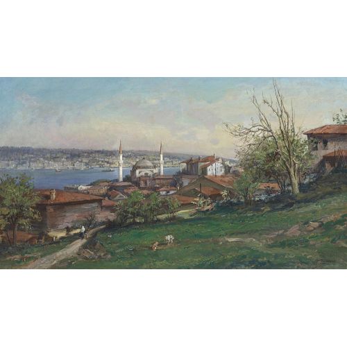 Fausto Zonaro, A View Of Constantinople With The Dolmabahce Mosque Seen From The Hills Of Gumussuyu Realism Fausto Zonaro A View Of Constantinople With The Dolmabahce Mosque Seen From The Hills Of Gumussuyu Sea, Lake Art Movements