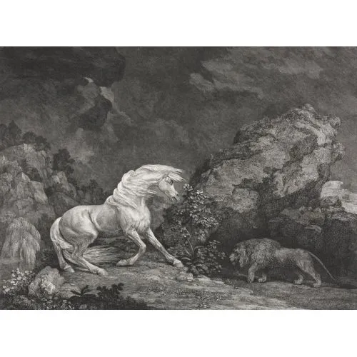 George Stubbs, Aslandan Korkmuş Bir At Romantizm George Stubbs, Aslandan Korkmuş Bir At Romantizm Sanat Akımları Kanvas Efektli Tablo, Resim Kağıdı Baskısı