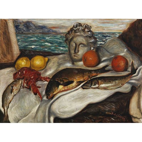 Giorgio De Chirico, Natura Morta Con Pesci Surrealism Giorgio De Chirico, Natura Morta Con Pesci Surrealism Art Movements Canvas, Drawing Paper Prints, Reproduction Oil Painting and