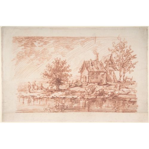Jean-Antoine Watteau, Farm House Along A River Two Figures At Left Jean-Antoine Watteau, Farm House Along A River Two Figures At Left