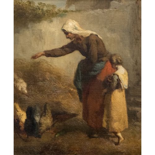 Jean Francois Millet, Woman Feeding Chickens Jean Francois Millet, Woman Feeding Chickens