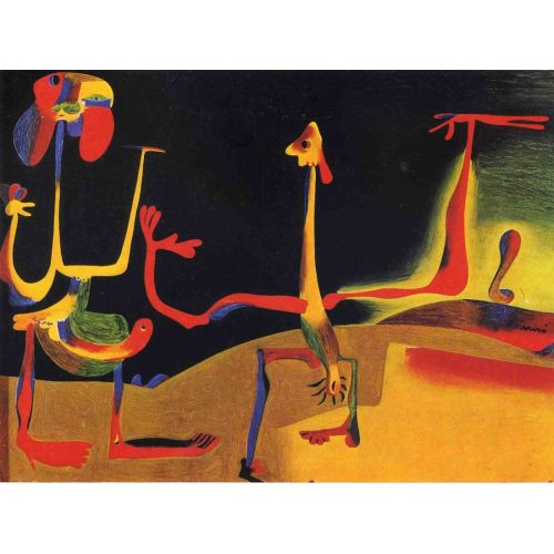 Joan Miro Man And Woman In Front Oof A Pile Of Excrement Surrealism Art Movements Canvas, Drawing Paper Prints, Reproduction Oil