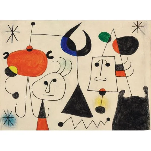 Joan Miro Personnages Et Oiseau Dans La Nuit Surrealism Art Movements Canvas, Drawing Paper Prints, Reproduction Oil Painting and
