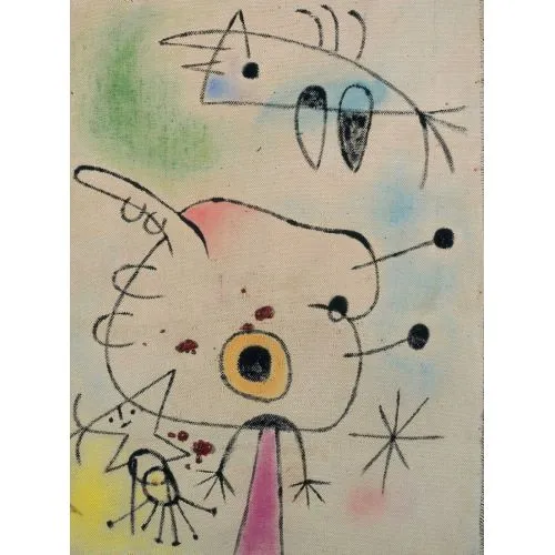 Joan Miro Gece Kadın Ve Kuş 1946 Sürrealizm Sanat Akımları Kanvas Efektli Tablo, Resim Kağıdı Baskısı, Reprodüksiyon