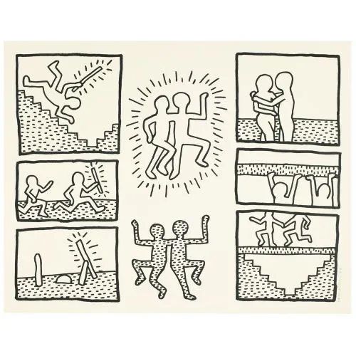 Keith Haring, İsimsiz, Blueprint Çizimlerinden 3 Pop Art Sanat Akımları Kanvas Efektli Tablo, Resim Kağıdı Baskısı