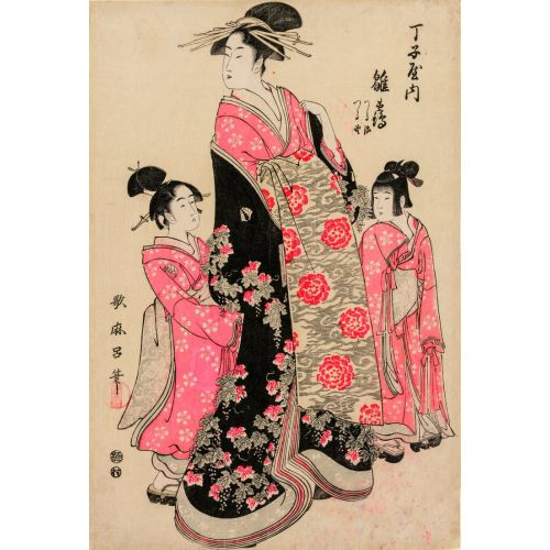 Kitagawa Utamaro, Chojiya'dan Hinazuru, Görevlileri Tsuruji Ve Tsuruno İle Birlikte Kitagawa Utamaro, Chojiya'dan Hinazuru, Görevlileri Tsuruji Ve Tsuruno İle Birlikte