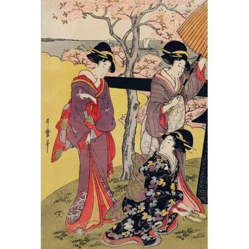 Kitagawa Utamaro, Kadınlar Ve Kiraz Ağacı Ukiyo-e Kitagawa Utamaro, Kadınlar Ve Kiraz Ağacı Ukiyo-e Sanat Akımları Kanvas Efektli Tablo, Resim Kağıdı Baskısı