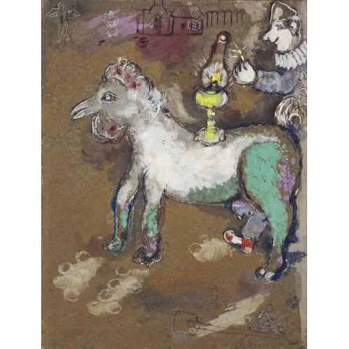 Marc Chagall Palyaçolar Ve Kandil Sürrealizm Sanat Akımları Kanvas Efektli Tablo, Resim Kağıdı Baskısı, Reprodüksiyon