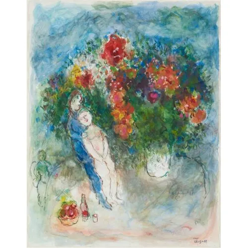 Marc Chagall Buket Çiçeklerle Dinlenme Sürrealizm Sanat Akımları Kanvas Efektli Tablo, Resim Kağıdı Baskısı