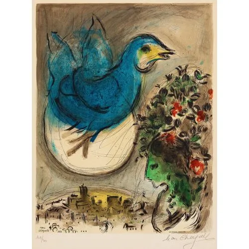 Marc Chagall Mavi Kuş Sürrealizm Sanat Akımları Kanvas Efektli Tablo, Resim Kağıdı Baskısı, Reprodüksiyon ve Yüksek