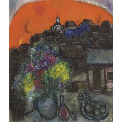 Marc Chagall, Village Noir Au Ciel Rouge Surrealism Marc Chagall Village Noir Au Ciel Rouge Surrealism Art Movements Canvas, Drawing Paper Prints, Reproduction Oil Painting and High