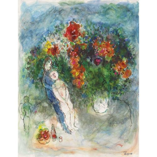 Marc Chagall, Aşıklar Ve Çiçekler Sürrealizm Sanat Akımları Kanvas Efektli Tablo, Resim Kağıdı Baskısı