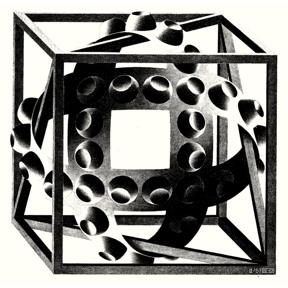 Maurits Cornelis Escher Sihirli Kurdelalı Küp Sürrealizm Maurits Cornelis Escher Sihirli Kurdelalı Küp Sürrealizm Sanat Akımları Kanvas Efektli Tablo, Resim Kağıdı Baskısı