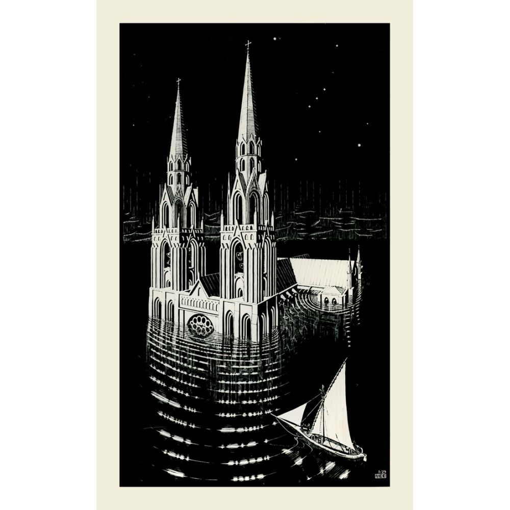 Maurits Cornelis Escher, La Cathedrale Engloutie Realism Maurits Cornelis Escher La Cathedrale Engloutie Realism Art Movements Canvas, Drawing Paper Prints, Reproduction Oil Painting and