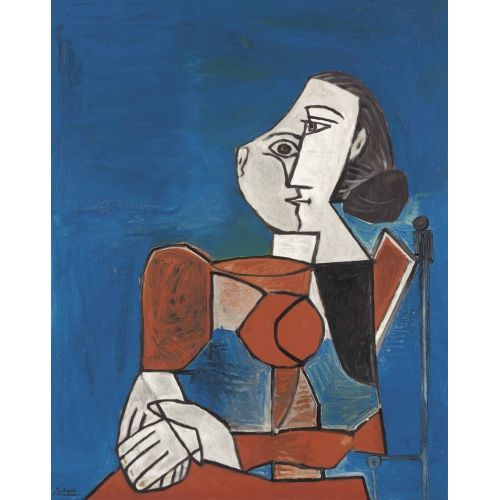 Pablo Picasso, Woman Sitting In Red Suit On Blue Background Pablo Picasso, Woman Sitting In Red Suit On Blue Background