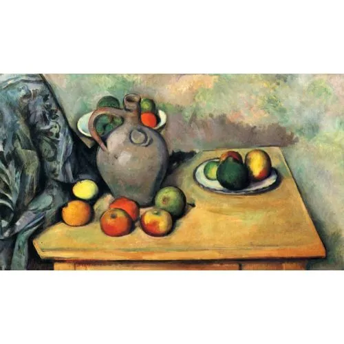 Paul Cezanne, Sürahi Ve Meyveli Natürmort Post Empresyonizm Sanat Akımları Kanvas Efektli Tablo, Resim Kağıdı Baskısı