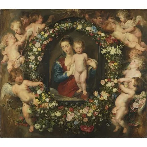 Peter Paul Rubens Çiçekli Çelenk İçinde Meryem Ana Barok Sanat Akımları Kanvas Efektli Tablo, Resim Kağıdı Baskısı