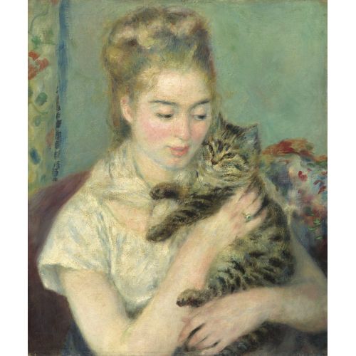 Pierre Auguste Renoir, Woman With A Cat 1875 Impressionism Pierre Auguste Renoir Woman With A Cat 1875 Impressionism Art Movements Canvas, Drawing Paper Prints, Reproduction Oil Painting