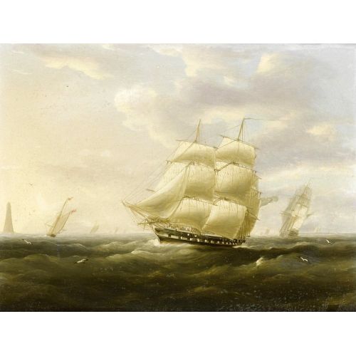 A British Frigate Bowling Down The Channel On A Breezy Day Past The Eddystone Lighthouse