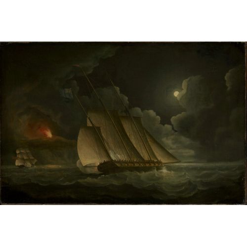 A Lugger And A Brig In Chase By Moonlight Off A Coast