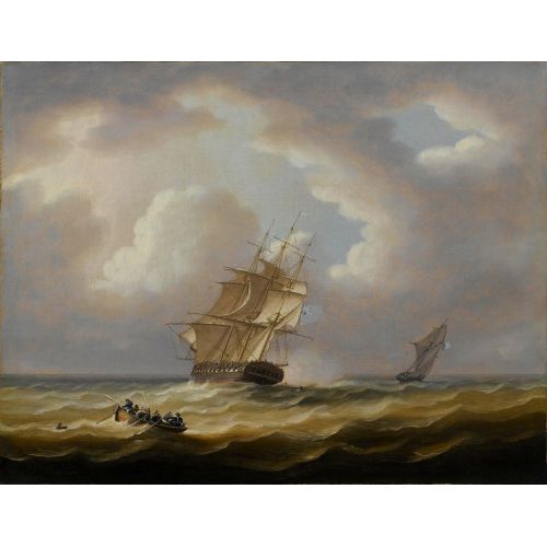 A British Frigate Hove To With Her Jollyboat Preparing To Pluck A Man From The Sea