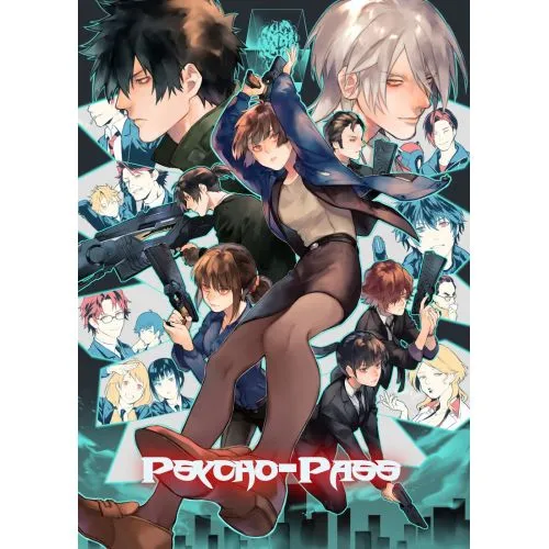 Psycho Pass Poster 6 Psycho Pass Poster 6 features the main characters of the anime series in a dynamic and intense action pose.