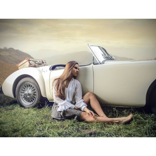 White Retro Car And Young Woman Poster