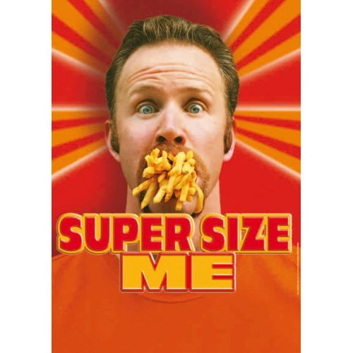 Super Size Me Documentary Poster The Super Size Me Documentary Poster features bold typography and an image of a man holding a