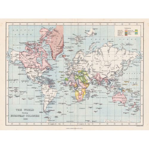 The World Showing European Colonies 1908 Map Poster The World Showing European Colonies 1908 Map Poster highlights the vast