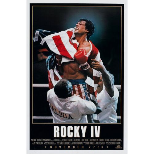 Rocky 4 Movie Poster This iconic movie poster represents the film Rocky IV, directed by Sylvester Stallone. The primary actors
