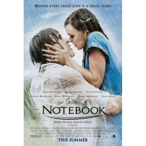 The Notebook Movie Poster The movie poster for The Notebook presents a dramatic scenario filled with romance and nostalgia. The