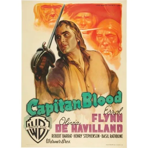 Captain Blood Movie Poster This classic film tells the stirring tale of Dr. Peter Blood, a man unjustly accused and convicted for