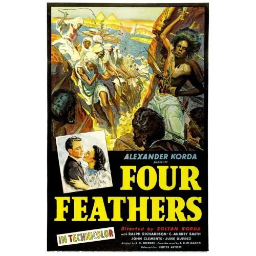 The Four Feathers Movie Poster The movie poster for The Four Feathers immediately catches the eye with its vibrant colors and