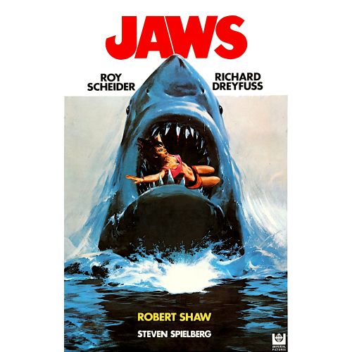 Jaws Movie Poster Jaws is a thrilling movie directed by Steven Spielberg. The story revolves around a giant man-eating great